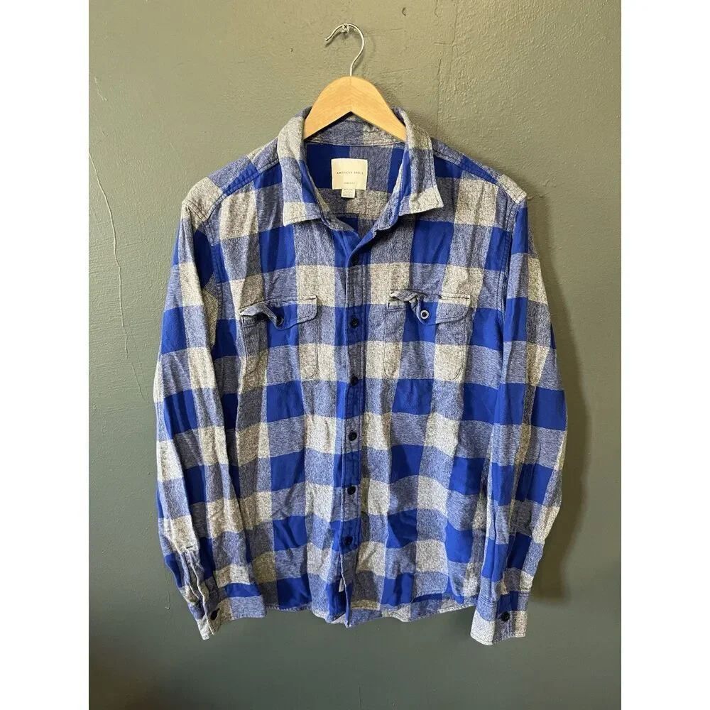 American Eagle Mens Blue Checkered Long Sleeve Button Up Flannel Size XL